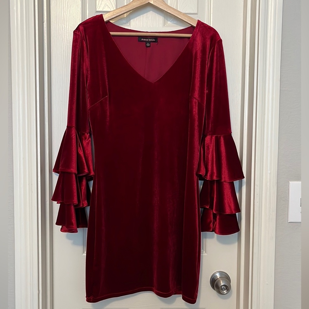 Burgundy Velvet Mini Dress w/ Bell Sleeves Sz. Large
